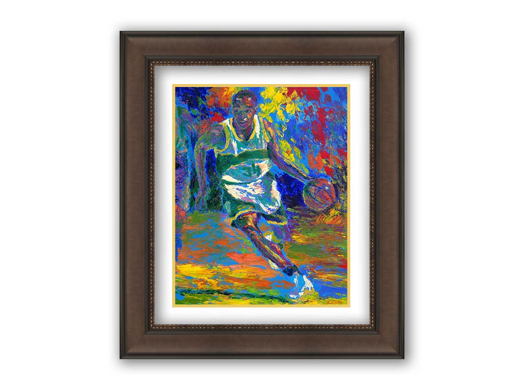 A painting of basketball star Ray Allen during his time in the Seattle Supersonics, during a game. Created using a colorful style utilizing visible brushtrokes and broken, arbitrary colors. Printed on paper, matted, and framed.