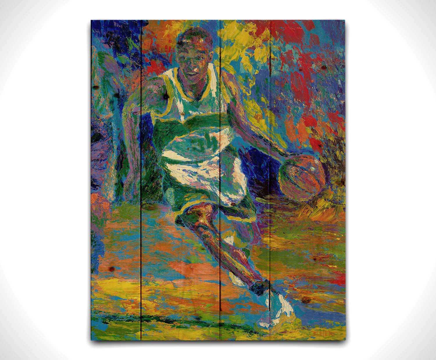 A painting of basketball star Ray Allen during his time in the Seattle Supersonics, during a game. Created using a colorful style utilizing visible brushtrokes and broken, arbitrary colors. Printed on a wood pallet.