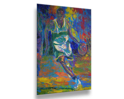 A painting of basketball star Ray Allen during his time in the Seattle Supersonics, during a game. Created using a colorful style utilizing visible brushtrokes and broken, arbitrary colors. Printed on metal.