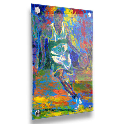 A painting of basketball star Ray Allen during his time in the Seattle Supersonics, during a game. Created using a colorful style utilizing visible brushtrokes and broken, arbitrary colors. Printed on acrylic.