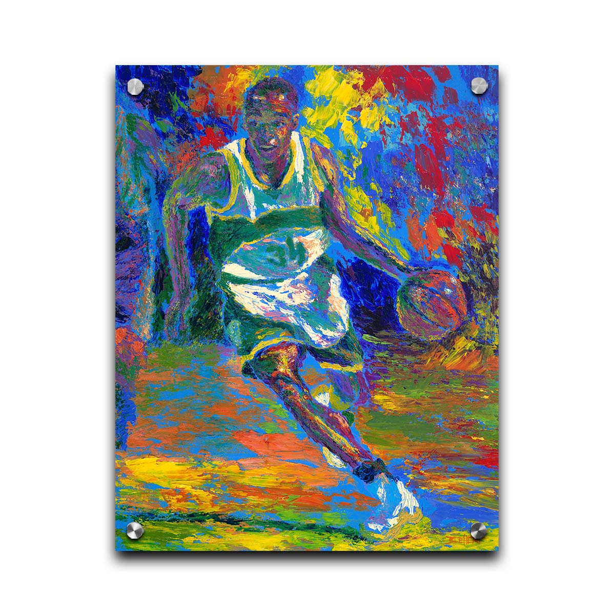 A painting of basketball star Ray Allen during his time in the Seattle Supersonics, during a game. Created using a colorful style utilizing visible brushtrokes and broken, arbitrary colors. Printed on acrylic.