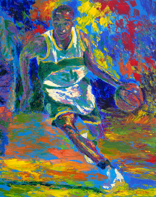 A painting of basketball star Ray Allen during his time in the Seattle Supersonics, during a game. Created using a colorful style utilizing visible brushstrokes and broken, arbitrary colors.