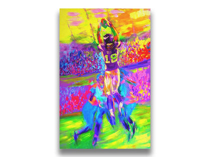 A painting of Minnesota Vikings football player Sidney Rice making an impressive catch during a game. It is painted in a bright, vivid palette with visible brushstrokes, emphasizing the energy of the game. Printed on canvas.