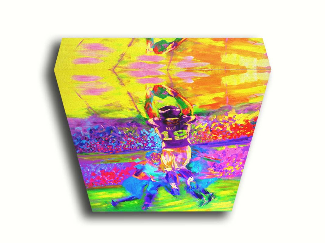 A painting of Minnesota Vikings football player Sidney Rice making an impressive catch during a game. It is painted in a bright, vivid palette with visible brushstrokes, emphasizing the energy of the game. Printed on canvas.