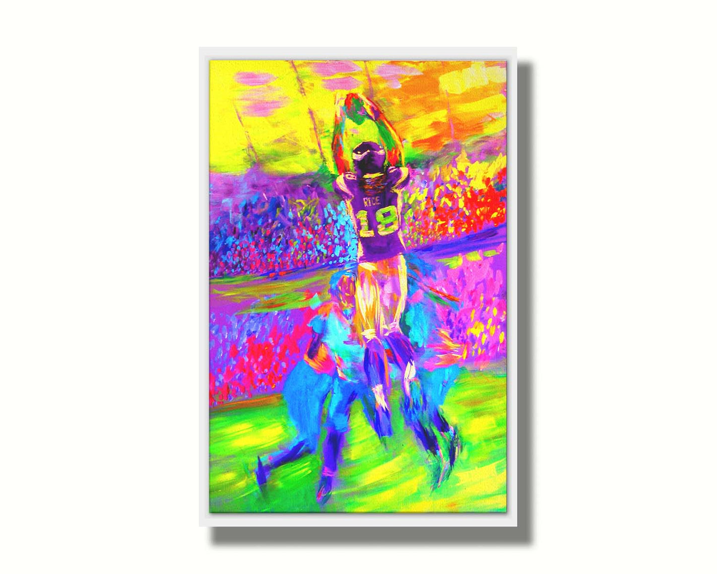 A painting of Minnesota Vikings football player Sidney Rice making an impressive catch during a game. It is painted in a bright, vivid palette with visible brushstrokes, emphasizing the energy of the game. Printed on canvas in a float frame.