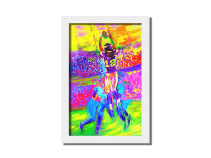 A painting of Minnesota Vikings football player Sidney Rice making an impressive catch during a game. It is painted in a bright, vivid palette with visible brushstrokes, emphasizing the energy of the game. Printed on canvas and framed.