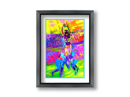 A painting of Minnesota Vikings football player Sidney Rice making an impressive catch during a game. It is painted in a bright, vivid palette with visible brushstrokes, emphasizing the energy of the game. Printed on paper, matted, and framed.