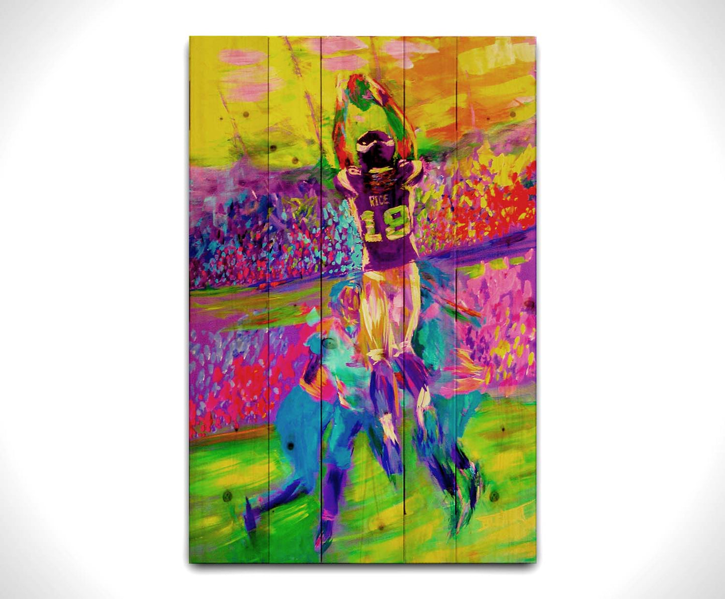 A painting of Minnesota Vikings football player Sidney Rice making an impressive catch during a game. It is painted in a bright, vivid palette with visible brushstrokes, emphasizing the energy of the game. Printed on a wood pallet.