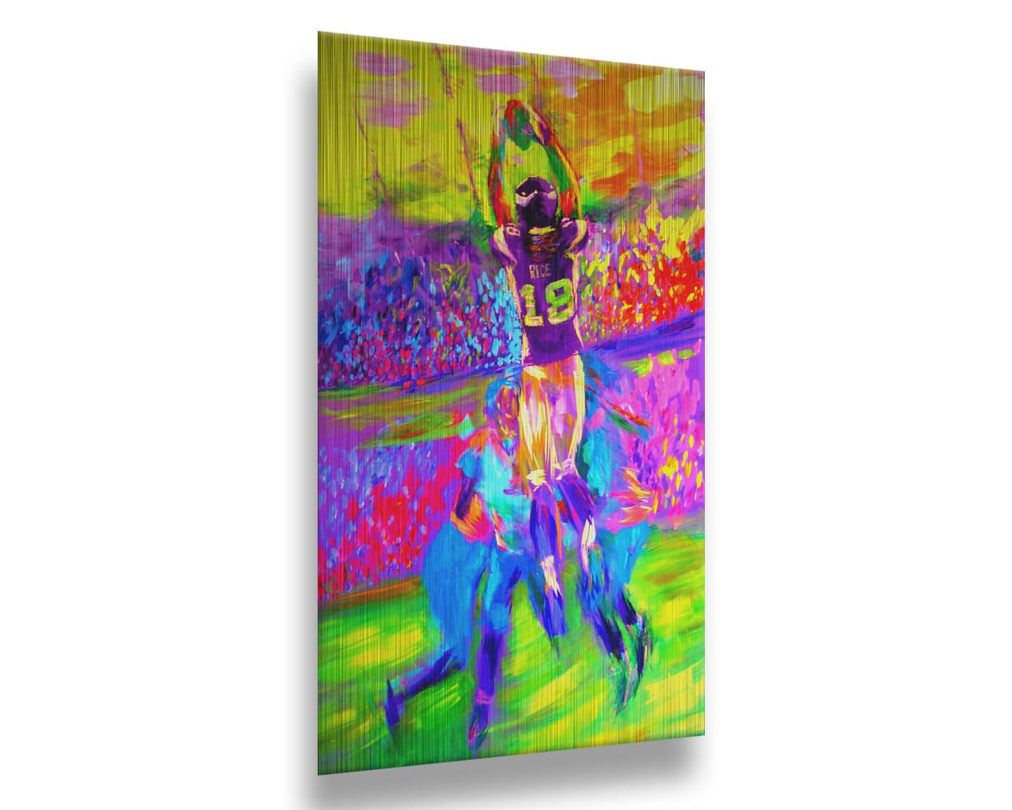 A painting of Minnesota Vikings football player Sidney Rice making an impressive catch during a game. It is painted in a bright, vivid palette with visible brushstrokes, emphasizing the energy of the game. Printed on metal.