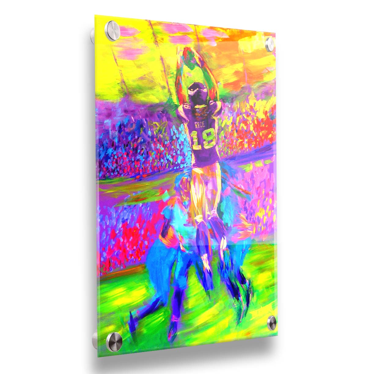 A painting of Minnesota Vikings football player Sidney Rice making an impressive catch during a game. It is painted in a bright, vivid palette with visible brushstrokes, emphasizing the energy of the game. Printed on acrylic.