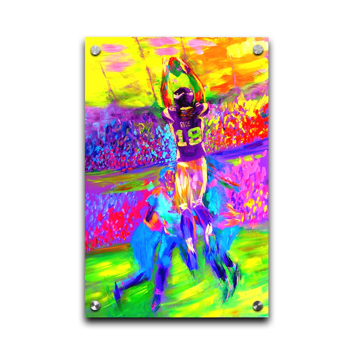 A painting of Minnesota Vikings football player Sidney Rice making an impressive catch during a game. It is painted in a bright, vivid palette with visible brushstrokes, emphasizing the energy of the game. Printed on acrylic.