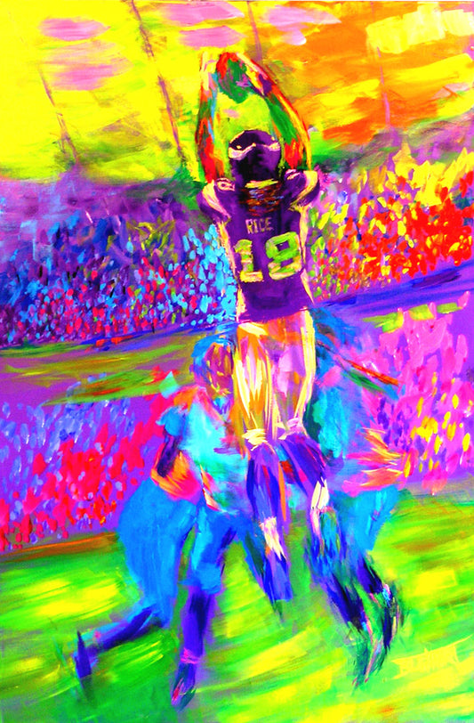 A painting of Minnesota Vikings football player Sidney Rice making an impressive catch during a game. It is painted in a bright, vivid palette with visible brushstrokes, emphasizing the energy of the game.