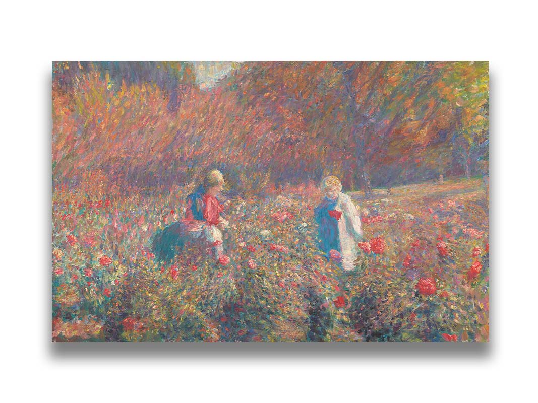 A painting of a field of roses, with people walking among the flowers. Autumn trees can be seen in the background. Printed on canvas.