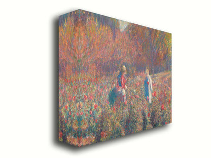 A painting of a field of roses, with people walking among the flowers. Autumn trees can be seen in the background. Printed on canvas.