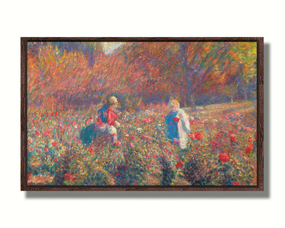 A painting of a field of roses, with people walking among the flowers. Autumn trees can be seen in the background. Printed on canvas in a float frame.