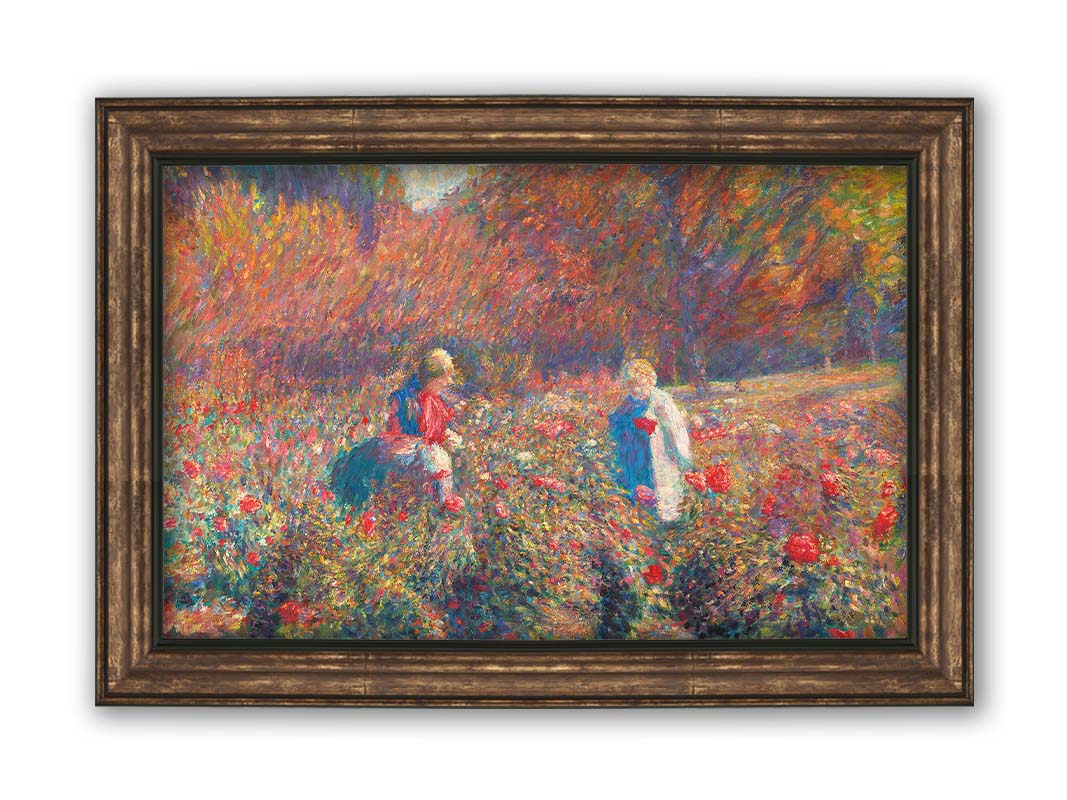 A painting of a field of roses, with people walking among the flowers. Autumn trees can be seen in the background. Printed on canvas and framed.