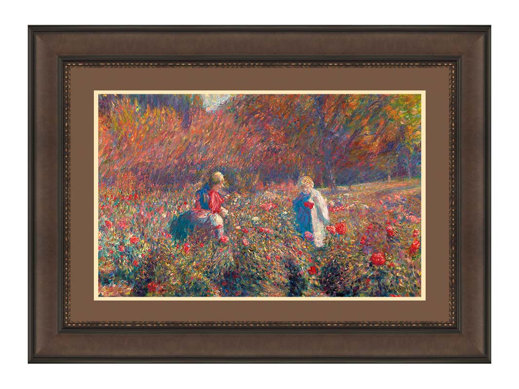 A painting of a field of roses, with people walking among the flowers. Autumn trees can be seen in the background. Printed on paper, matted, and framed.