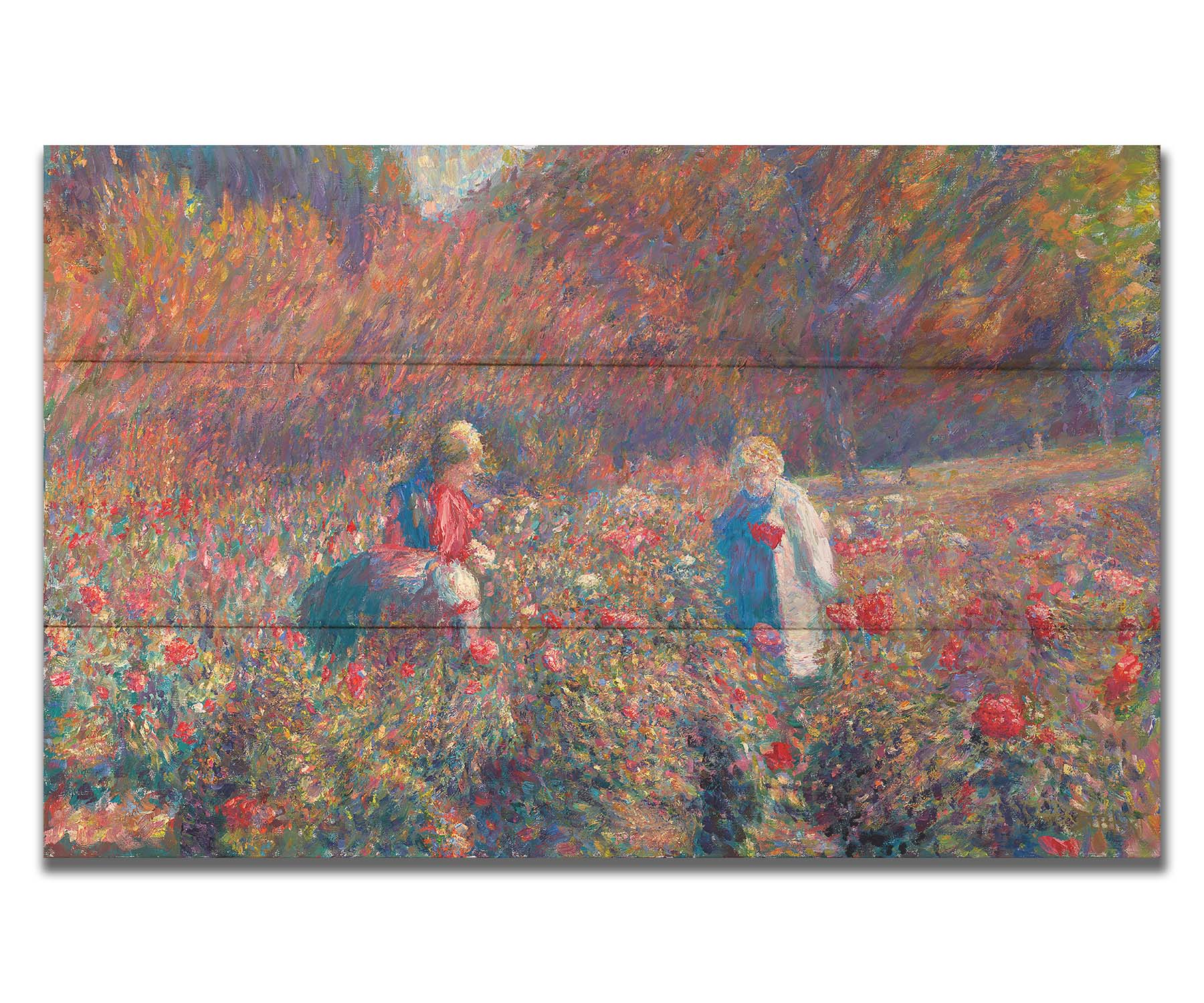 A painting of a field of roses, with people walking among the flowers. Autumn trees can be seen in the background. Printed on a box board.