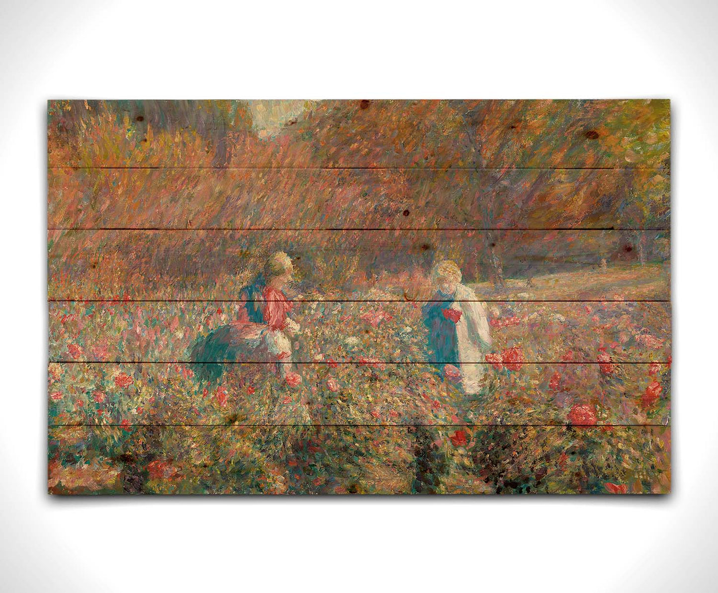 A painting of a field of roses, with people walking among the flowers. Autumn trees can be seen in the background. Printed on a wood pallet.