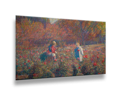 A painting of a field of roses, with people walking among the flowers. Autumn trees can be seen in the background. Printed on metal.