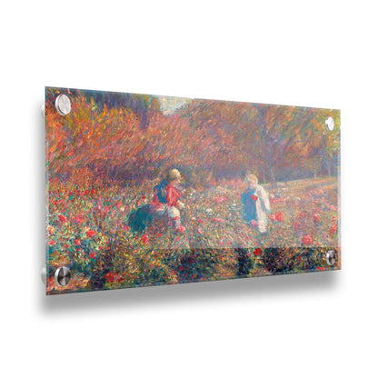 A painting of a field of roses, with people walking among the flowers. Autumn trees can be seen in the background. Printed on acrylic.