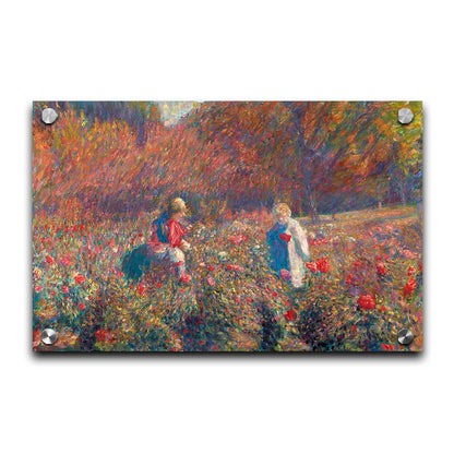 A painting of a field of roses, with people walking among the flowers. Autumn trees can be seen in the background. Printed on acrylic.