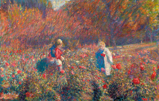A painting of a field of roses, with people walking among the flowers. Autumn trees can be seen in the background.