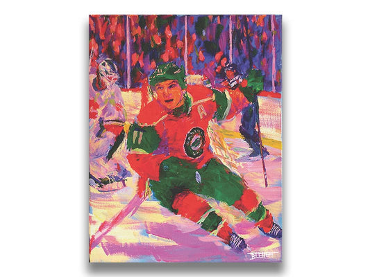 A painting of Minnesota Wild hockey player Zach Parise on the ice during a game. The visible brushstrokes and composition highlight a sense of movement. Printed on canvas.