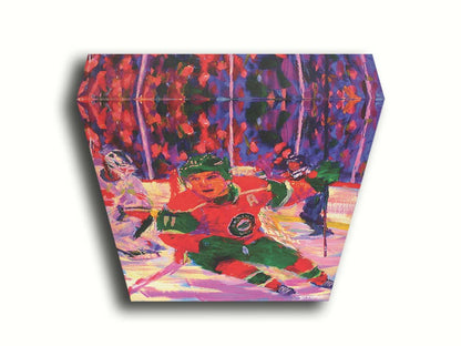 A painting of Minnesota Wild hockey player Zach Parise on the ice during a game. The visible brushstrokes and composition highlight a sense of movement. Printed on canvas.