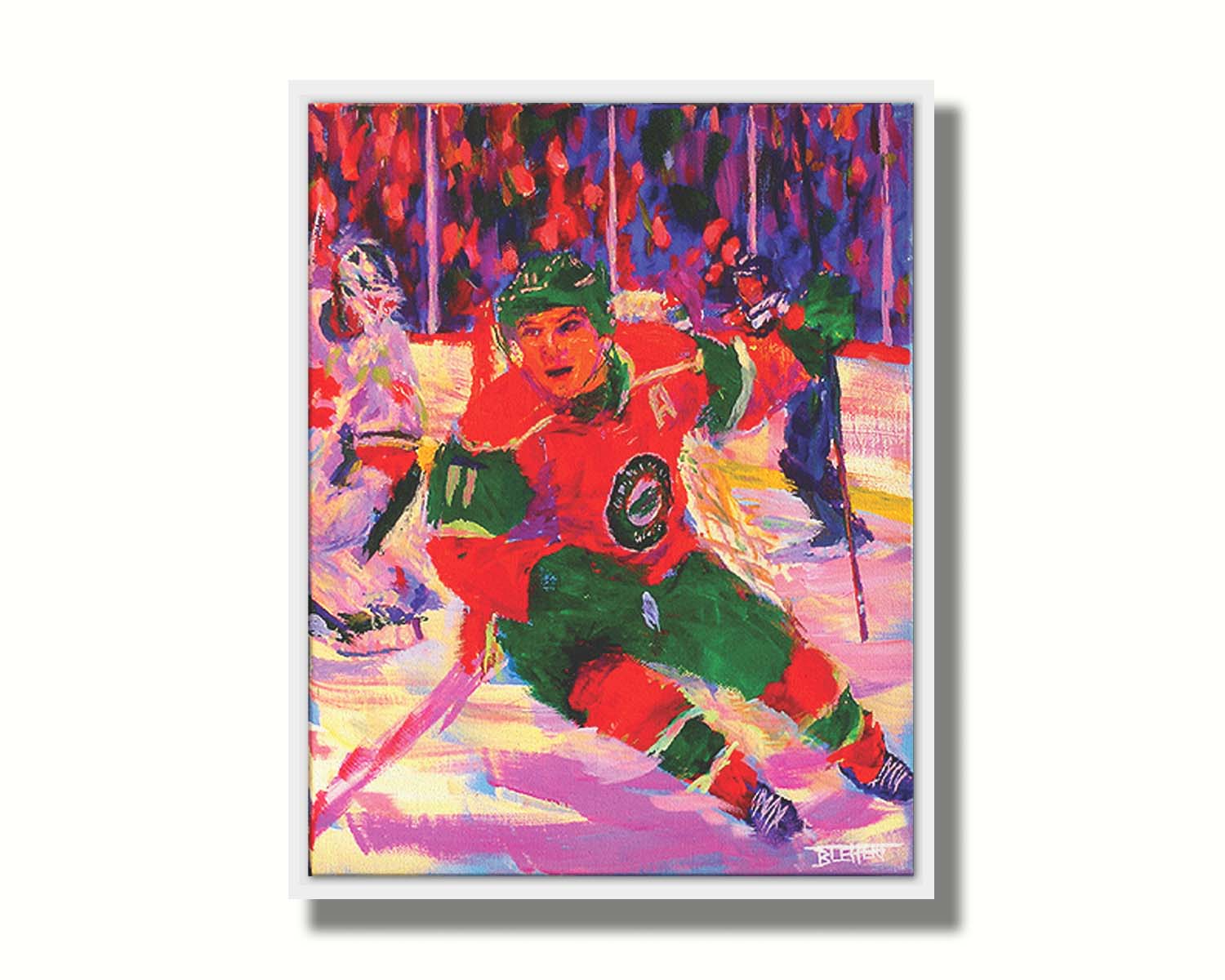 A painting of Minnesota Wild hockey player Zach Parise on the ice during a game. The visible brushstrokes and composition highlight a sense of movement. Printed on canvas in a float frame.