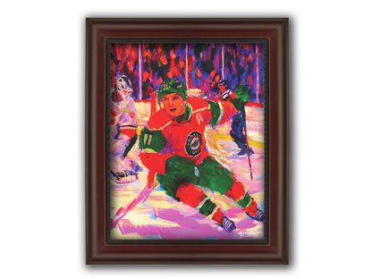 A painting of Minnesota Wild hockey player Zach Parise on the ice during a game. The visible brushstrokes and composition highlight a sense of movement. Printed on canvas and framed.