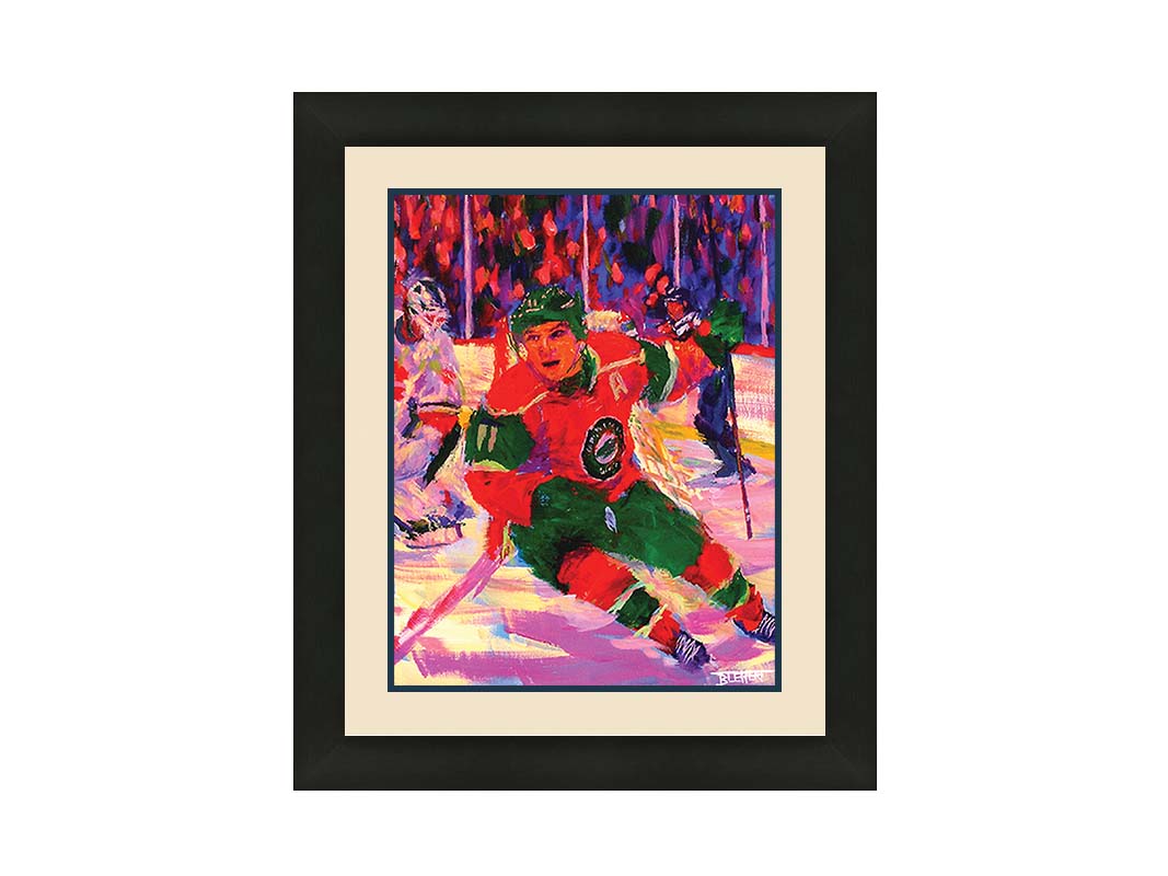 A painting of Minnesota Wild hockey player Zach Parise on the ice during a game. The visible brushstrokes and composition highlight a sense of movement. Printed on paper, matted, and framed.