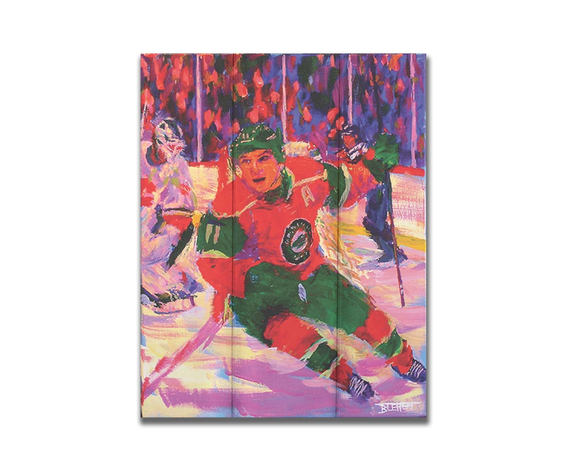 A painting of Minnesota Wild hockey player Zach Parise on the ice during a game. The visible brushstrokes and composition highlight a sense of movement. Printed on a box board.