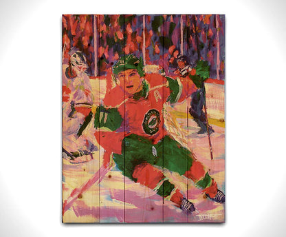 A painting of Minnesota Wild hockey player Zach Parise on the ice during a game. The visible brushstrokes and composition highlight a sense of movement. Printed on a wood pallet.