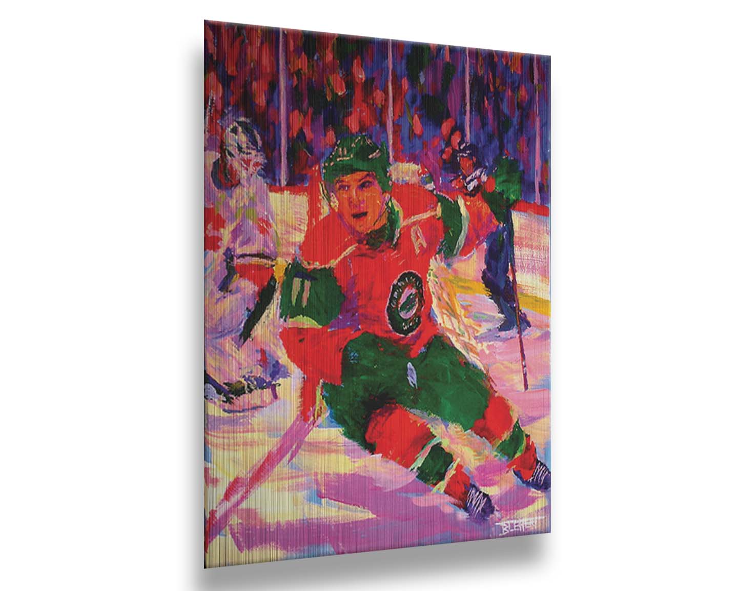 A painting of Minnesota Wild hockey player Zach Parise on the ice during a game. The visible brushstrokes and composition highlight a sense of movement. Printed on metal.