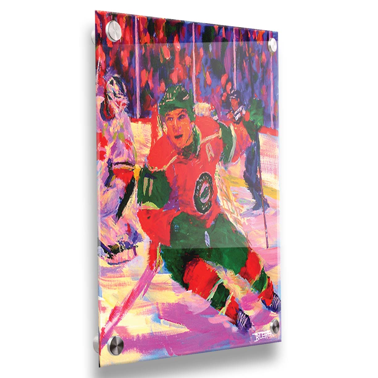 A painting of Minnesota Wild hockey player Zach Parise on the ice during a game. The visible brushstrokes and composition highlight a sense of movement. Printed on acrylic.