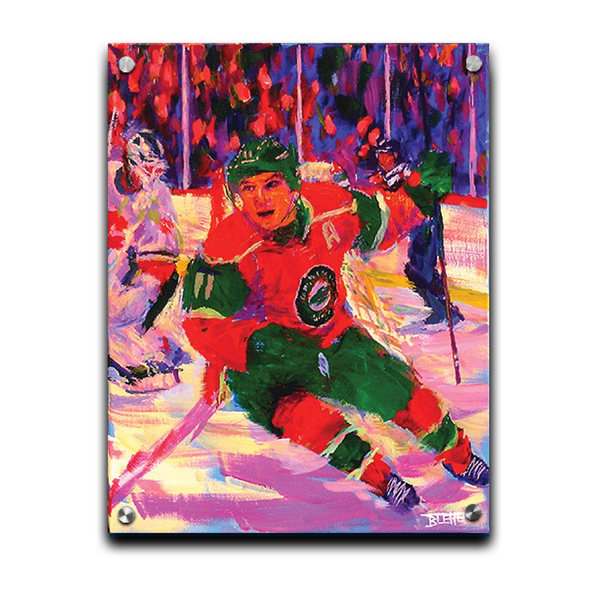 A painting of Minnesota Wild hockey player Zach Parise on the ice during a game. The visible brushstrokes and composition highlight a sense of movement. Printed on acrylic.