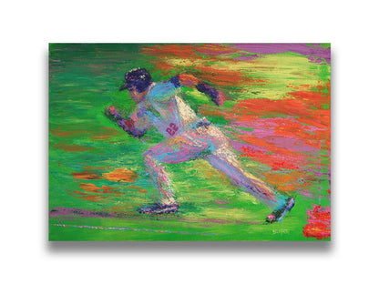 A painting of a baseball player for the Minnesota Twins sprinting for second base. Printed on canvas.