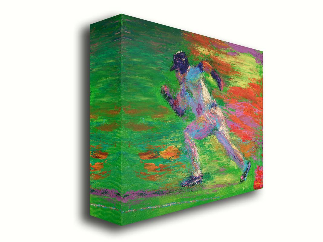 A painting of a baseball player for the Minnesota Twins sprinting for second base. Printed on canvas.