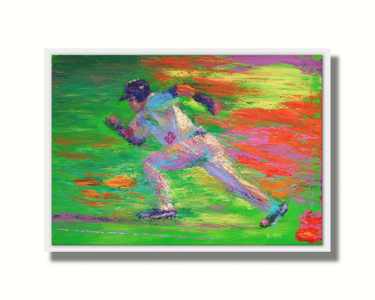 A painting of a baseball player for the Minnesota Twins sprinting for second base. Printed on canvas in a float frame.