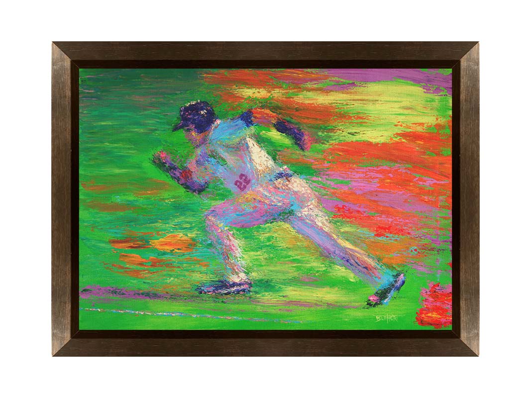 A painting of a baseball player for the Minnesota Twins sprinting for second base. Printed on canvas and framed.