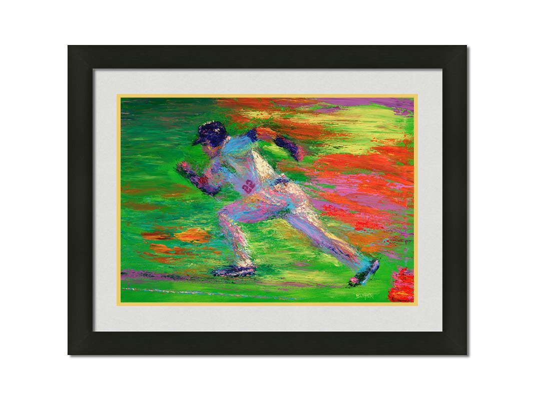 A painting of a baseball player for the Minnesota Twins sprinting for second base. Printed on paper, matted, and framed.