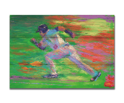 A painting of a baseball player for the Minnesota Twins sprinting for second base. Printed on a box board.