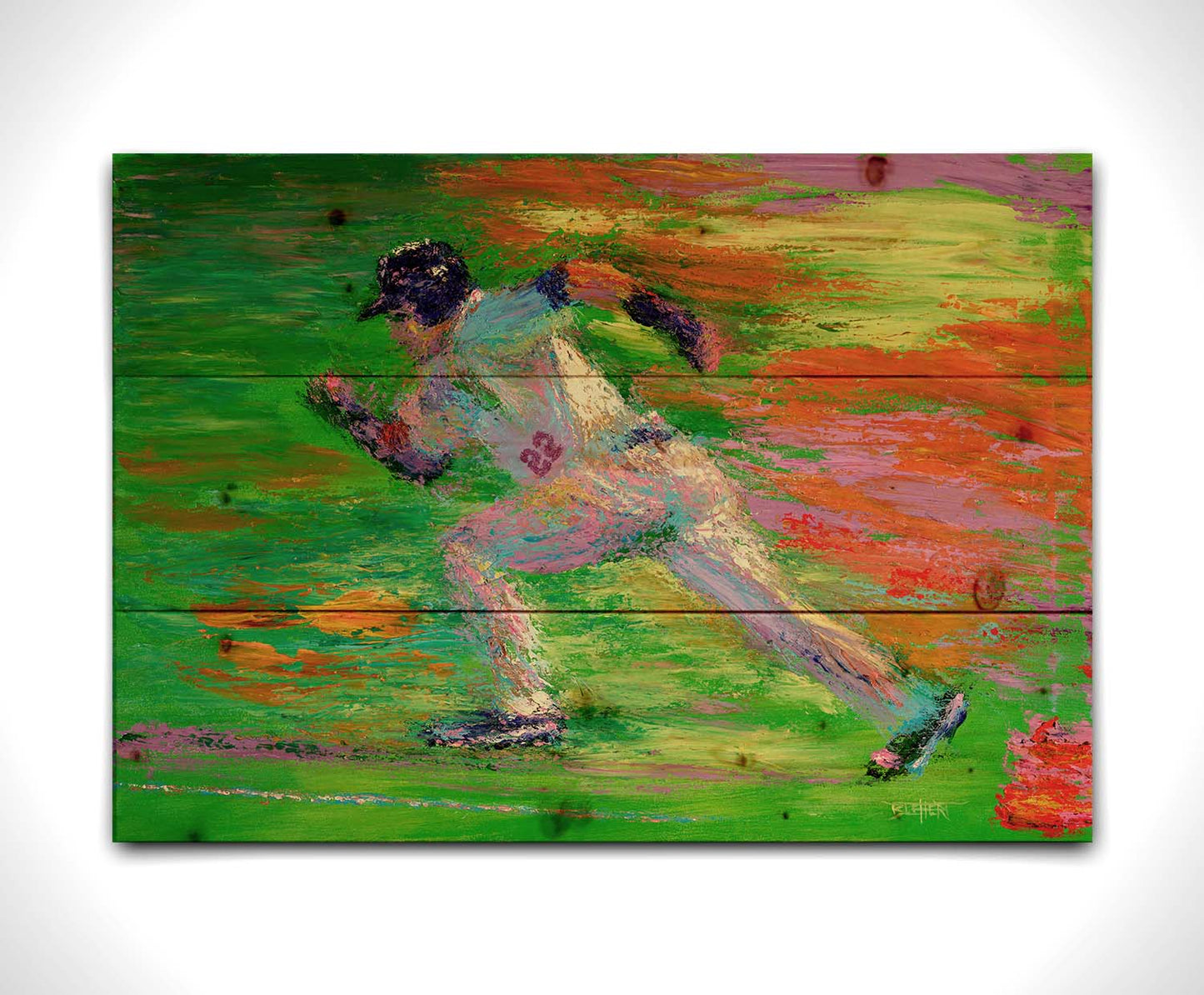 A painting of a baseball player for the Minnesota Twins sprinting for second base. Printed on a wood pallet.