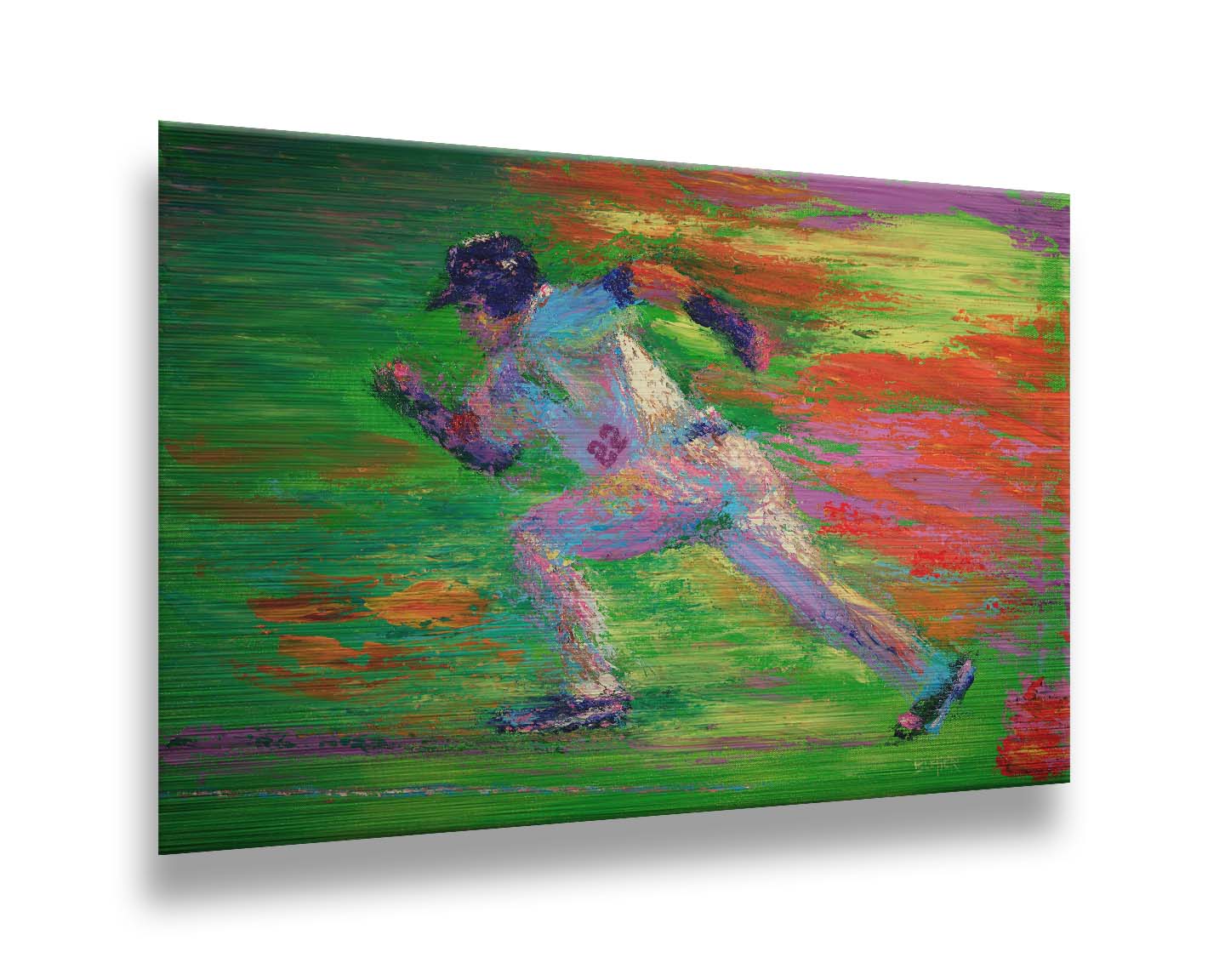 A painting of a baseball player for the Minnesota Twins sprinting for second base. Printed on metal.