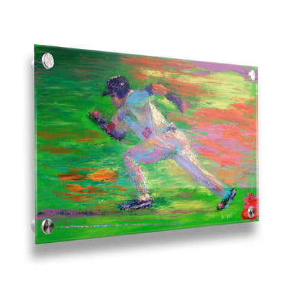 A painting of a baseball player for the Minnesota Twins sprinting for second base. Printed on acrylic.