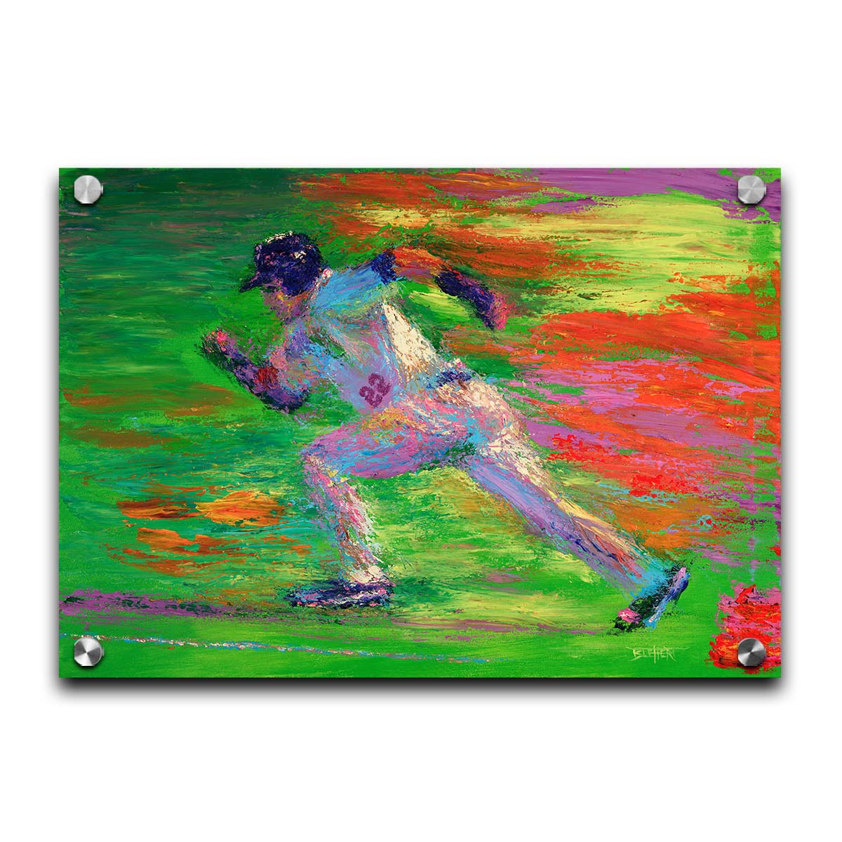 A painting of a baseball player for the Minnesota Twins sprinting for second base. Printed on acrylic.