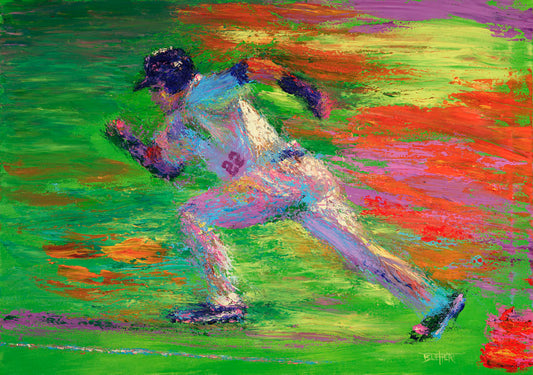 A painting of a baseball player for the Minnesota Twins sprinting for second base.