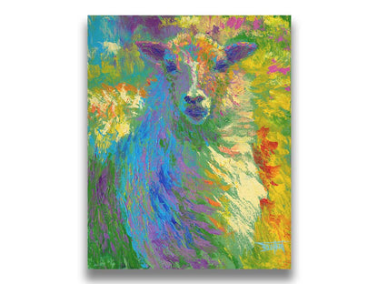 A colorful, bold painting of a sheep. The arrangement of color and visible brushstrokes emphasize the form and flow of the sheep's wool. Printed on canvas.