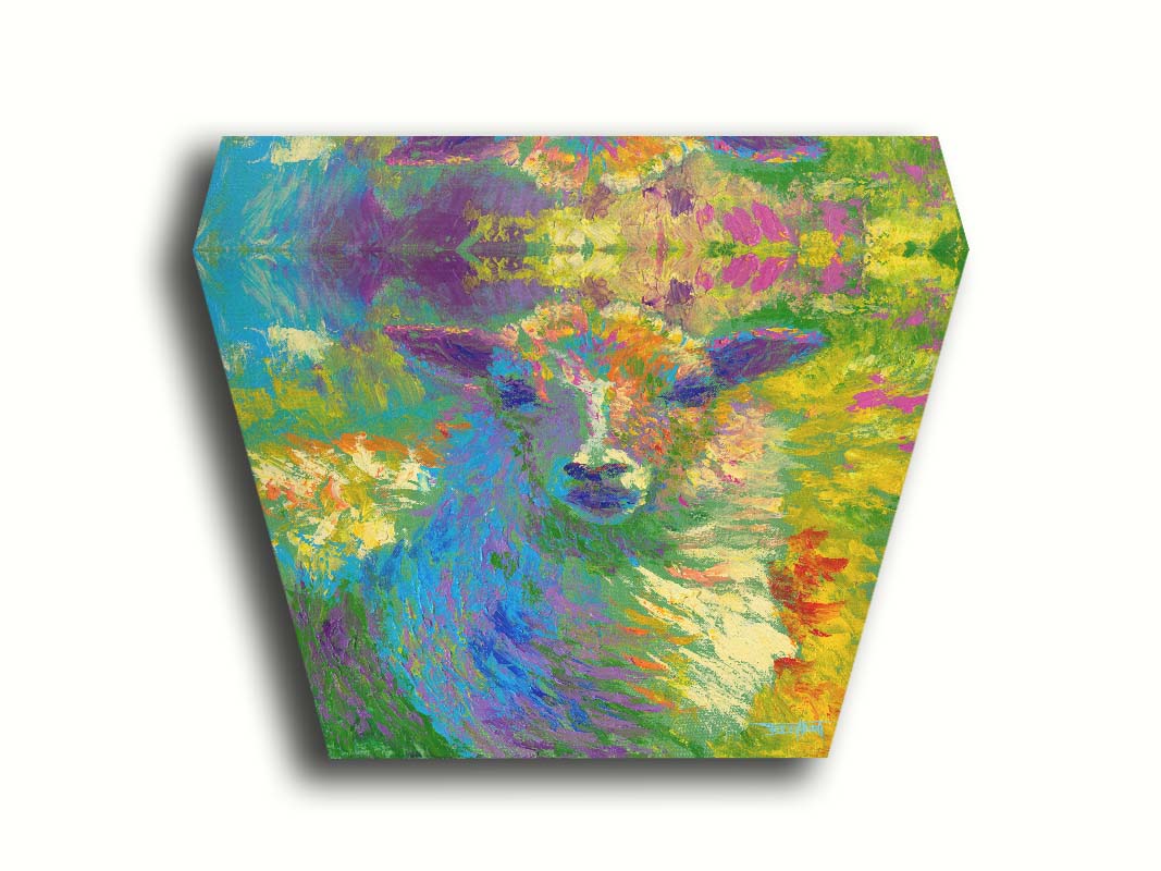 A colorful, bold painting of a sheep. The arrangement of color and visible brushstrokes emphasize the form and flow of the sheep's wool. Printed on canvas.